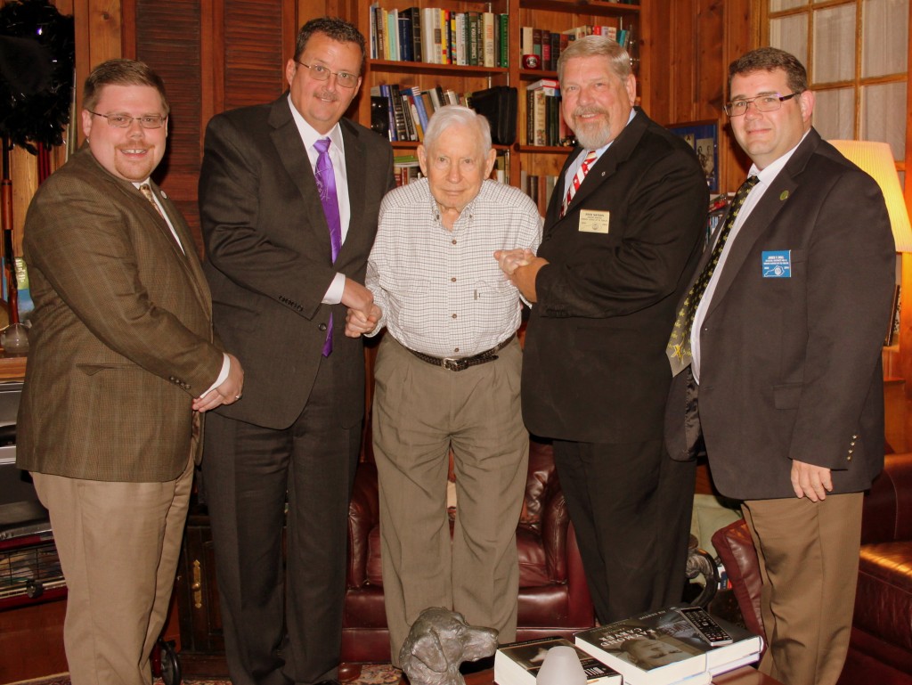 group photo L-R: S.W. Matt McConnell, W.M. Jim DeArmond, John S. Palmore, MWGM Rick Nation, & DDGM #5 James Roll, P.M.